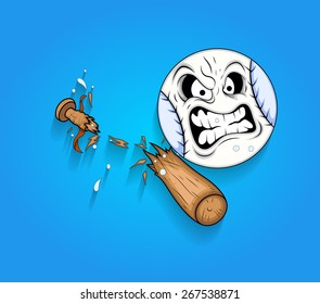 Angry Ball Face with Broken Wooden Baseball Bat Vector