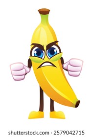 Angry banana character with clenched fists, expressing frustration. Vector cartoon illustration