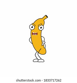 Angry banana isolated on white background. Fruit with a face and emotions. Funny children's vector illustration. Cartoon character.