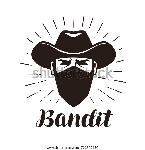Angry bandit, gangster logo\
or label. Portrait of cowboy in mask. Lettering vector\
illustration