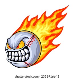 Angry baseball ball on fire vector illustration. Flaming baseball ball with angry face. Angry face baseball ball in flames for t-shirt design, poster, sport team logo, mascot, and poster.