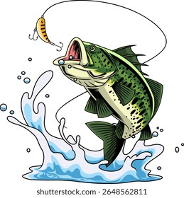 Angry Bass Fish Cartoon Personagem Ataque Pesca isca - Mão Vetor Desenhado Ilustração Isolada Em Fundo Transparente
