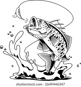 Angry Bass Fish Cartoon Personagem de ataque de isca Mid-Jump - Ilustração desenhada de mão de vetor preto e branco isolado no fundo transparente