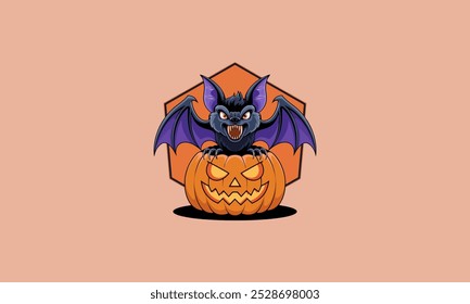 Angry bat sitting on a carved pumpkin for Halloween