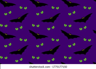 Angry bats and cat eyes seamless pattern. Halloween hand drawn illustration for fabric, textile, wallpaper, wrapping paper,  background