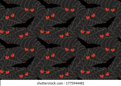 Angry bats and cat eyes in spider web seamless pattern. Halloween hand drawn illustration for fabric, textile, wallpaper, wrapping paper,  background