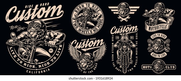 Angry bear bikers vintage labels set with inscriptions ferocious grizzly motorcyclists and crossed wrenches in monochrome style isolated vector illustration