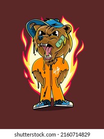 angry bear in a cap and fire from behind