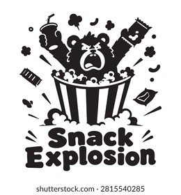Angry bear character eating popcorn and snacks in a movie cinema snack explosion design Vector
