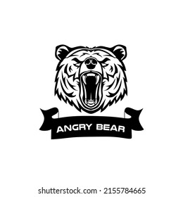 Angry bear emblem. Print design for t-shirt. Aggressive bear is a symbol of a sports team. Bear logo design vector illustration on black background
