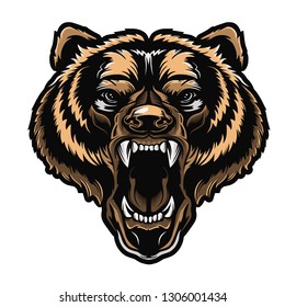 Angry bear face vector illustration. Furious angry face of bear with open mouth and terrible teeth as symbol of strength and aggressiveness. Grunge style  print for sport wear. 