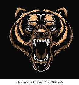 Angry bear face vector illustration. Furious angry face of bear with open mouth and terrible teeth as symbol of strength and aggressiveness. Grunge style  print for sport wear. 