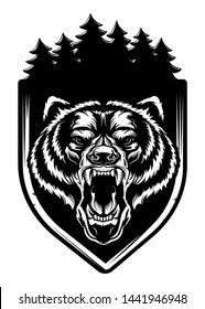 Angry bear face vector illustration. Furious angry face of bear with open mouth and terrible teeth as symbol of strength and aggressiveness. Grunge style  print for sport wear. 