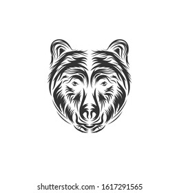Angry bear face vector illustration. Furious angry face of bear with open mouth and terrible teeth as symbol of strength and aggressiveness. Grunge style print for sport wear