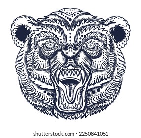 Angry bear head. Aggressive grizzly. Old school tattoo vector art. Hand drawn graphic. Isolated on white. Traditional flash tattooing style