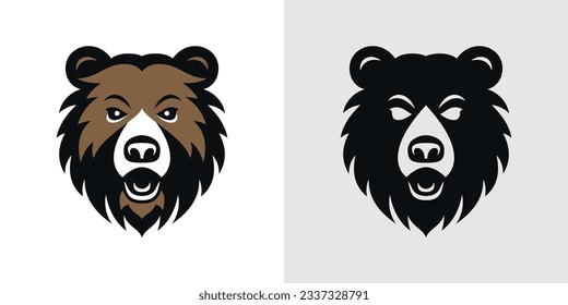 Graue Bärenkopf-Farbe und schwarzes einfarbiges Logo für T-Shirt-Vektorgrafik. Wildes Fleisch fressendes Tiermuschel porträtiert Säugetier starke Besen Raubtier Grizzly Emblem für die Jagd minimale Symbol