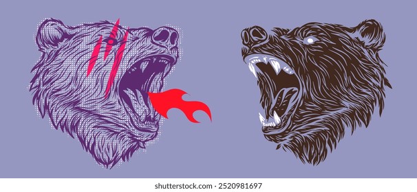 Angry bear head in colorful pop art style. Modern abstract print with animal. Vivid creative vector illustration.