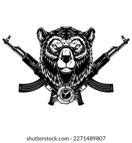 Cabeza de oso enojada con rifles de asalto cruzados. Elemento de diseño para afiche, emblema, signo. Ilustración del vector