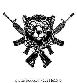 Wütender Bärenkopf mit gekreuzten Sturmgewehr. Design-Element für Poster, Emblem, Zeichen. Vektorgrafik