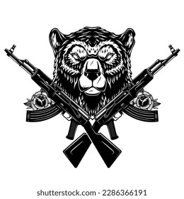 Angry bear head with crossed assault rifles. Design element for poster, emblem, sign. Vector illustration