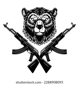 Cabeza de oso enojada con rifles de asalto cruzados. Elemento de diseño para afiche, emblema, signo. Ilustración del vector