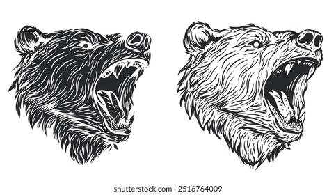 Cabeza de oso enojado en estilo de boceto dibujado a mano. Monocromo silueta animal para el tatuaje, impresión, marca. Ilustración vectorial.