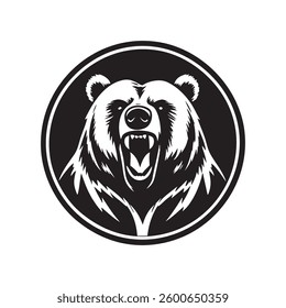 Angry bear head inside circular frame in black and white