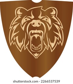 angry bear head logo inside iron shield symbol of protection and bravery