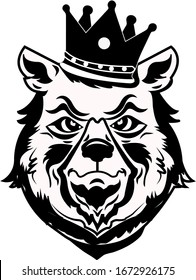 Angry Bear head Mascot Vector illustration.Bear Silhouette. Tattoo art Style. Logo.  Ferocious Bear head on with crown,King of Bear, on white background.