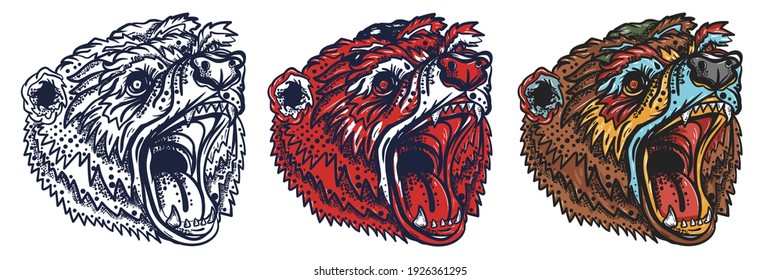 Angry bear head. Old school tattoo vector art. Aggressive grizzly. Hand drawn cartoon character set. Isolated on white. Traditional tattooing style 