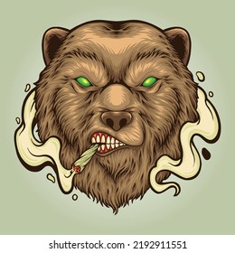 Angry bear head smoking weed vector illustrations for your work logo, merchandise t-shirt, stickers and label designs, poster, greeting cards advertising business company or brands