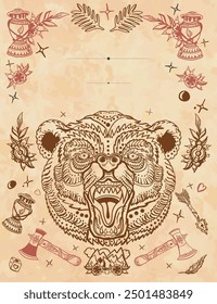 Angry bear head. Wild animals vertical background. Aggressive grizzly frame. Old paper vector. Cover page template