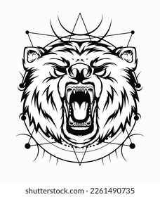 Angry bear illustration in black and white color