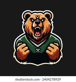 ANGRY BEAR MASCOT LOGO VECTOR IN BROWN, BLACK, WHITE AND GREEN WITH BLACK BACKGROUND