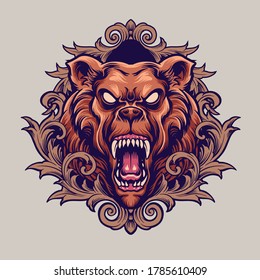 Angry Bear Mascot With Ornaments Illustrations for merchandise sticker clothing line and tatoo