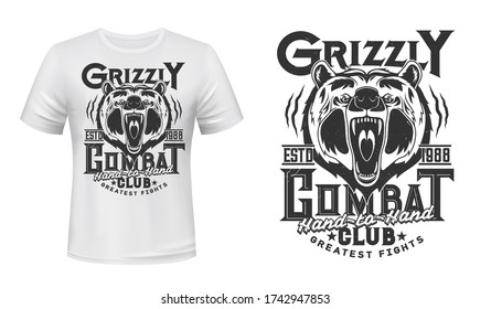 Angry bear mascot t-shirt print vector mockup. Roaring and showing fangs in maw grizzly bear head and typography. Martial arts club, fighting or wrestling team emblem, apparel custom print mockup