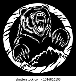 Angry bear and mountains. White vector image on black background.