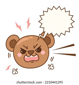 Angry Bear. Pet Head In Kawaii Cartoon Style. Hand Drawn Animal With Bubble Speech. Vector Illustration Isolated On White Background.