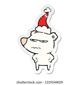 angry bear polar hand drawn distressed sticker cartoon of a wearing santa hat