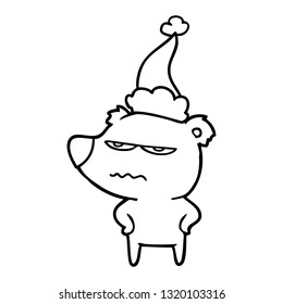 angry bear polar hand drawn line drawing of a wearing santa hat