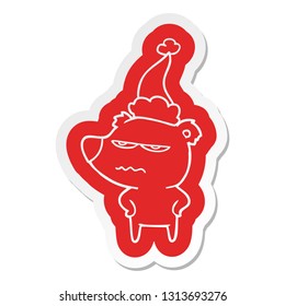 angry bear polar quirky cartoon  sticker of a wearing santa hat