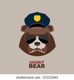Angry bear. Bear police officer. Police Cap. Vector illustration