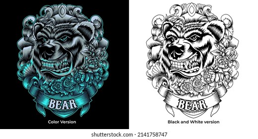 angry bear with roses and ornament in neon color style