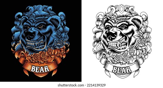 angry bear with roses vector illustration