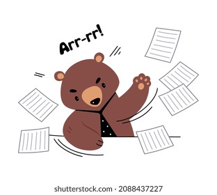 Angry Bear Staff or Office Employee in Tie Throwing Paper Document Vector Illustration