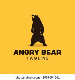 Angry Bear Standing Logo Design Isolated On Yellow Background. Suitable For Adventure Hunting Outdoor Camping Sport Zoo Brand Company Community Business In Retro Vintage Hipster Style Logo Design.