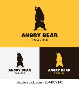 Angry Bear Standing Logo Design Isolated On Yellow Background. Suitable For Adventure Hunting Outdoor Camping Sport Zoo Brand Company Community Business In Retro Vintage Hipster Style Logo Design.