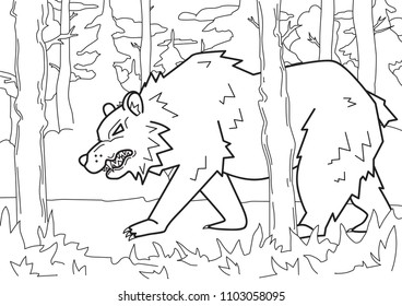 Angry bear walking through the wild forest. Contour vector illustration for coloring book, cartoon style. Horizontal