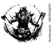 An angry bearded berserker with two axes, a stuffed wolf on his head instead of a hood, he yells furiously in front of him. 2D illustration