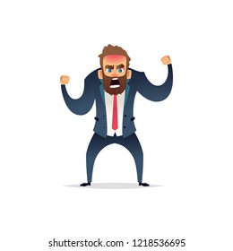 Angry bearded businessman in a rage. The manager is mad and angry. Cartoon flat character design